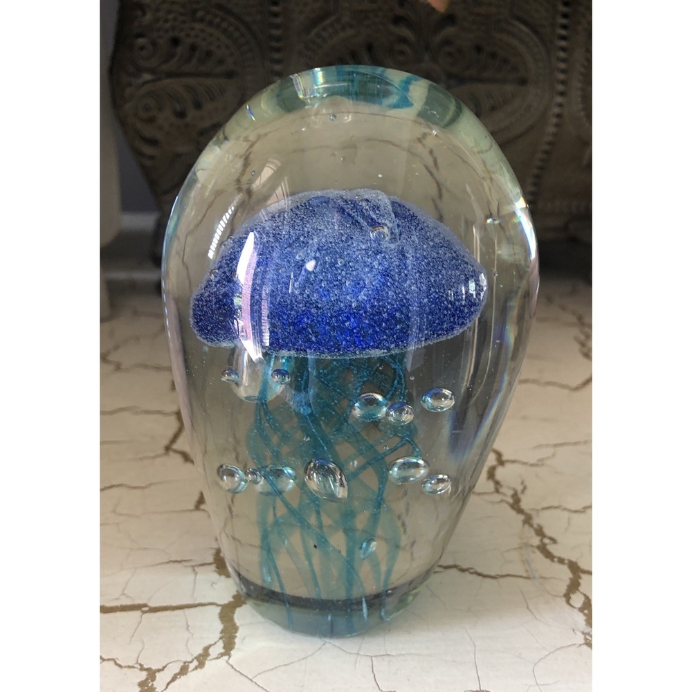 Jellyfish Art Glass Decorative Paperweight Clear & Blue 4" Tall